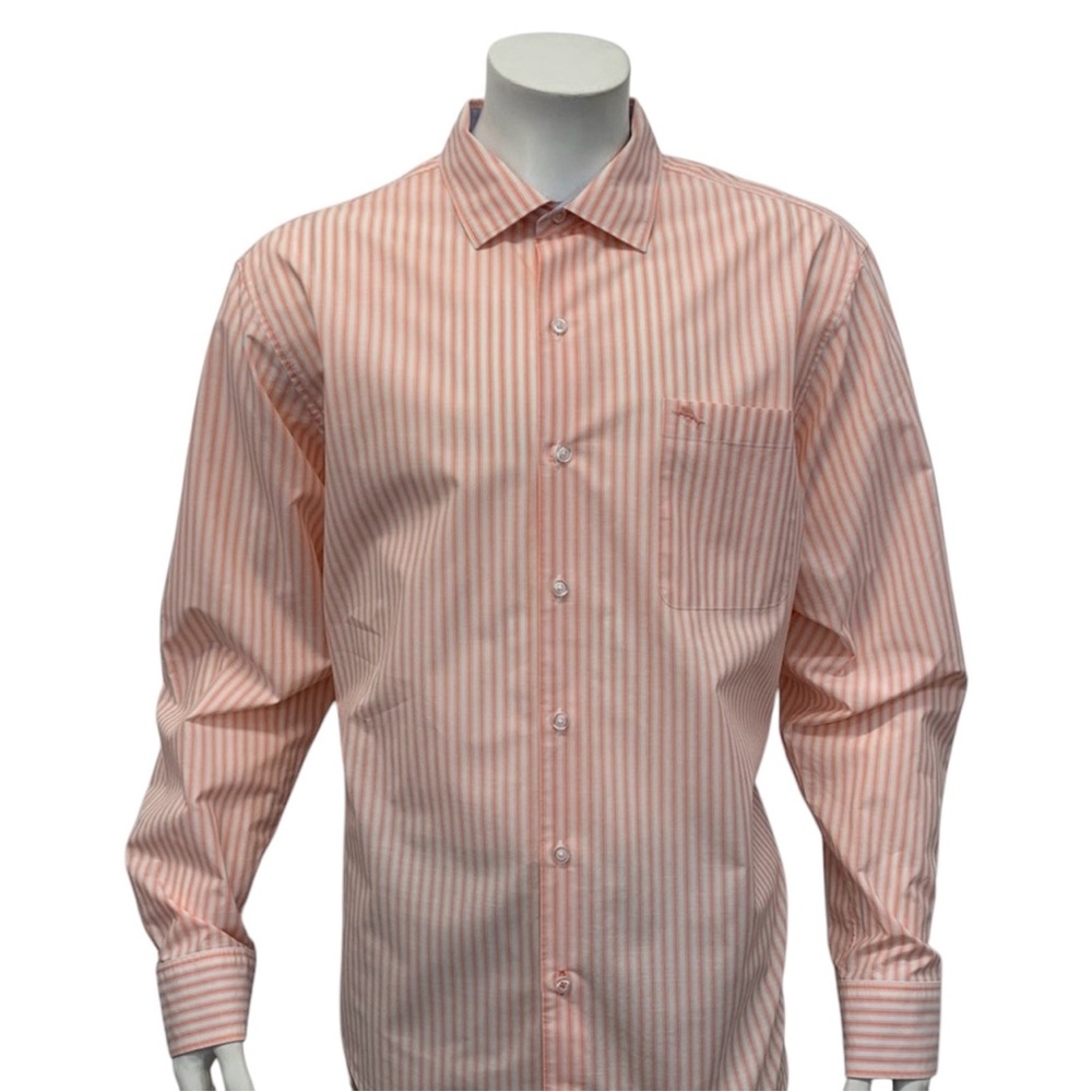 Tommy Bahama Island Zone Pink White Stripe Button Up Long Sleeve Dress Shirt XL